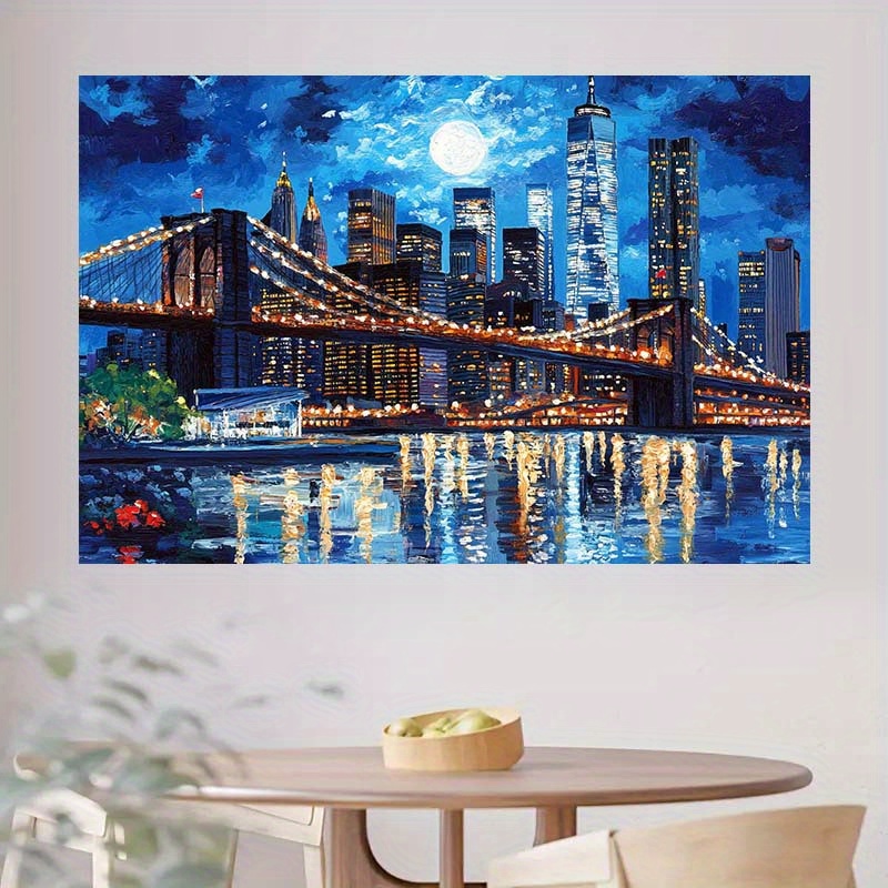 Tapeçaria skyline nova iorque ponte iluminada lua cheia_voghion.com