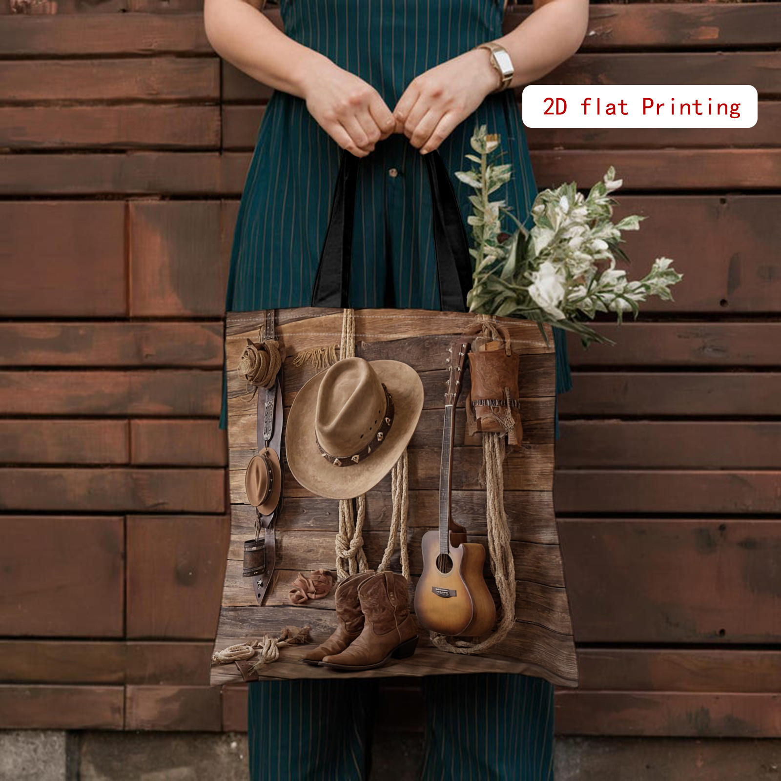 E-shop Damengeschäft Western Cowboy Tasche - Ranch Grafik Tragetasche mit Vintage Hut, Gitarre & Stiefel Druck - Offene Schultertasche - Langlebige