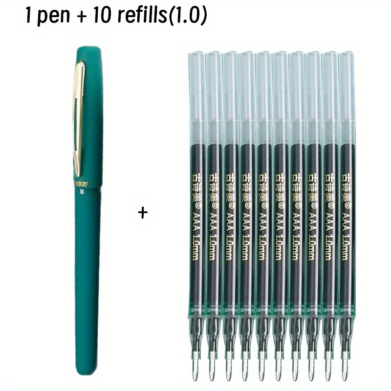 TEMU 1 Pen + 10 Refills, Neutral Green Ink Signature Pen With Large Capacity For Office And School Writing, Plastic Material, Multiple Tip Sizes