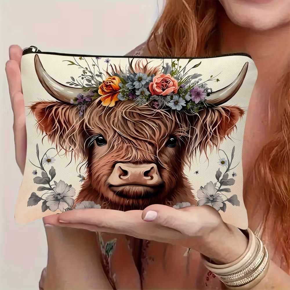 TEMU 1pc 2d Flat Printed Highland Cow Floral Wreath Cosmetic Bag, Featuring Zipper Closure, Lightweight And Durable, Ideal For Travel And Storage,