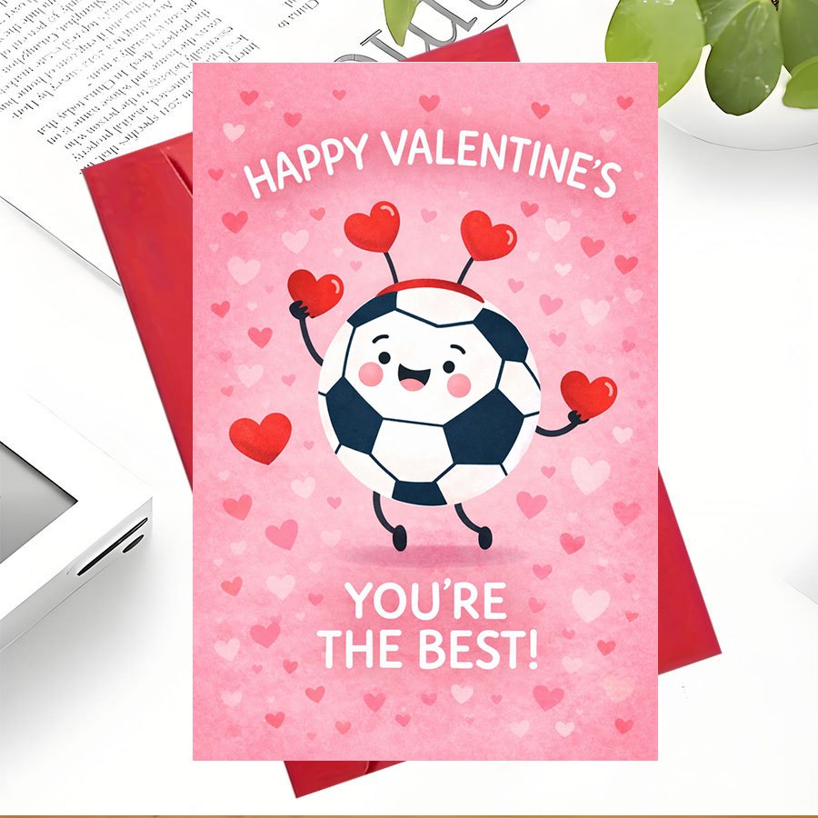 TEMU 1pcgreeting Card + 1pc Envelopehappy Valentines Day Soccer Card For Sports Fans Love With A Cute Football Design Perfect Gift For Who