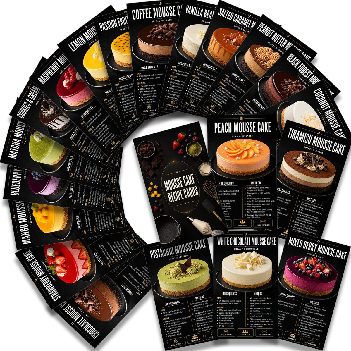 TEMU Mousse Cake Recipe Card Set, 20 Flavor Recipes With Ingredient Amounts & Instructions, Baking Guide Set For Home Bakers, Beginners, Dessert