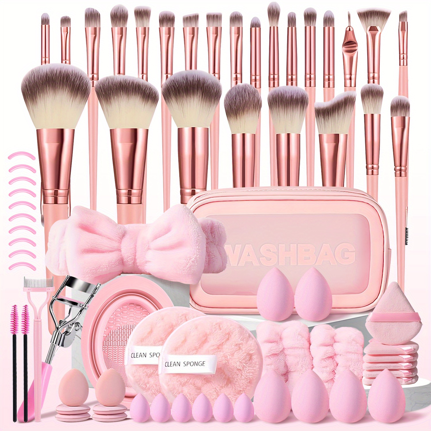 TEMU Rosa 70-teiliges Multifunktionales Make-up Werkzeugset mit Make-up Pinselset, Waschtasche, Puderquasten, Make-up Schwämme, Stirnband, Make-up