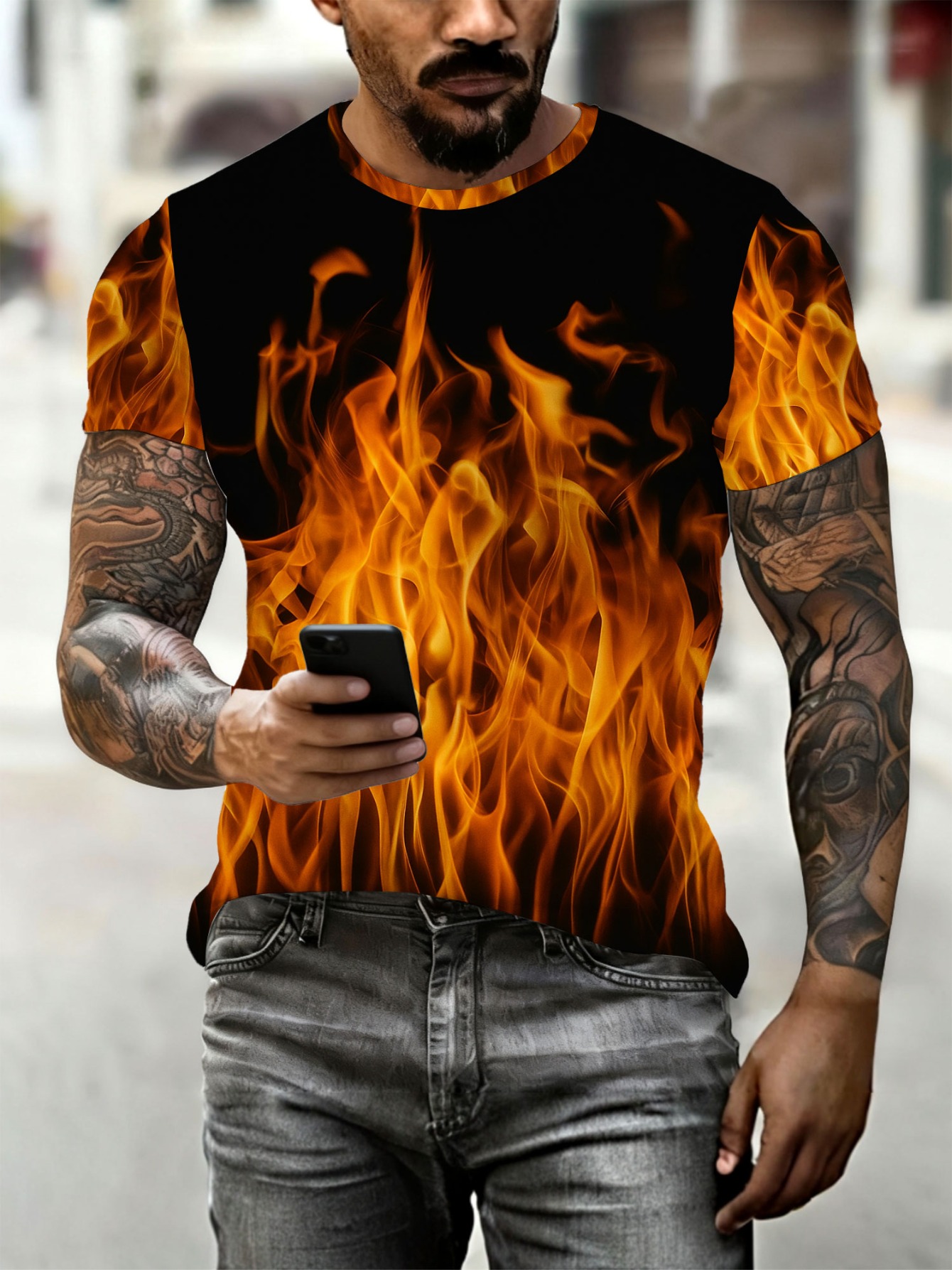 item picture mens short sleeve t shirt with 3d flame design round neck ideal for summer   and athletic activities stylish casual wear with a bright graphic comfortable flame print top
