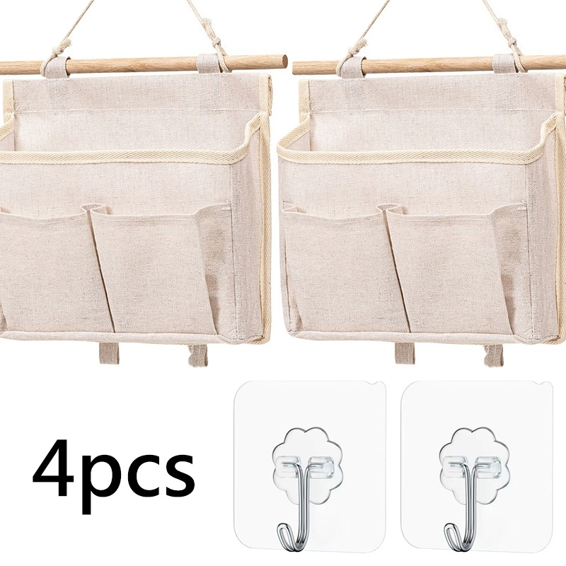 TEMU 4pcs (2pcs Storage Pockets And 2pcs Clear Hooks) Multi-pocket Storage Bag Set Home Wall Storage Organizer