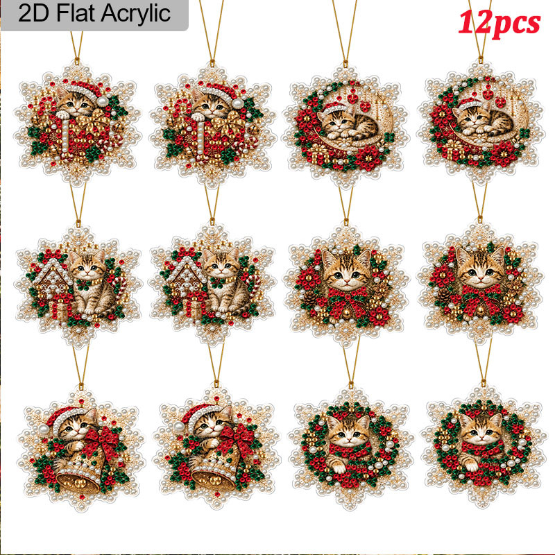 TEMU Kit de 12 pièces de décorations de Noël plates 2D à peindre au diamant DIY en acrylique avec perles, de de neige et de chat, convient pour sapin