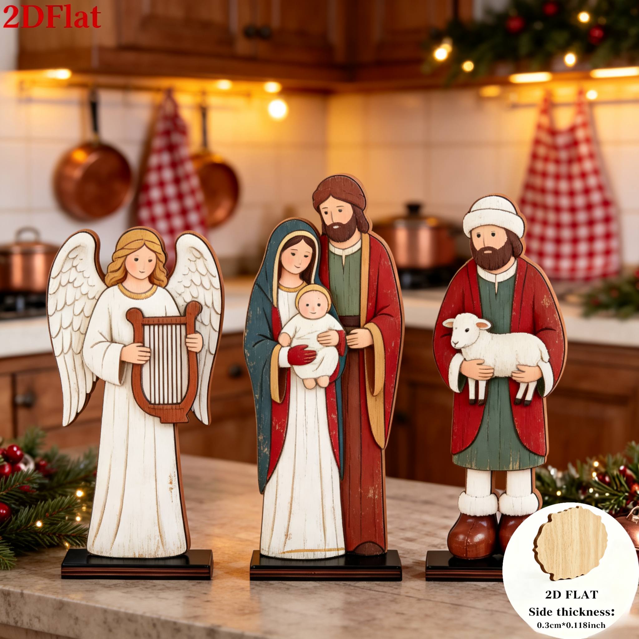 TEMU 2d Flat, 3pcs Wooden Nativity Scene Desktop Ornament, Vintage Distressed Style, For Christmas Home Decor And Religious Holiday Decoration.