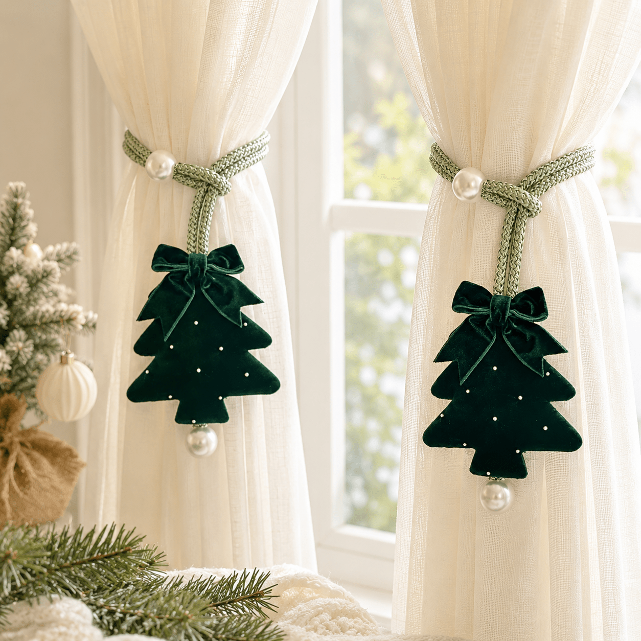 TEMU 2pcs Green Velvet Sequined Bow Christmas Tree Curtain Tie, Sheer Curtain Fixing Decorative Strap, Christmas Holiday Window Decor, Home Decor,