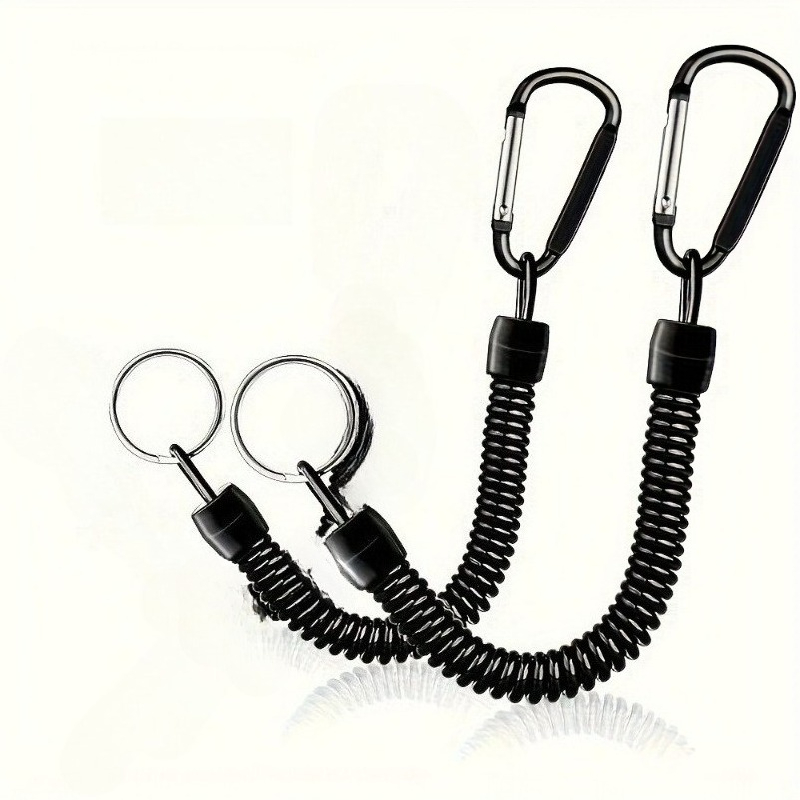 TEMU 2pcs Black Elastic Spiral Key Chain Set With Rings - Retractable Outdoor Loops, 15 Lbs Tensile Strength, Built-in Wire, Ideal For Camping And