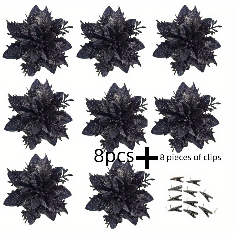 TEMU 16pcs (8pcs Flowers And 8pcs Clips) Glittering Christmas Red Hanging Ornaments, Black Christmas Flowers - Black Sequined Artificial Flowers With