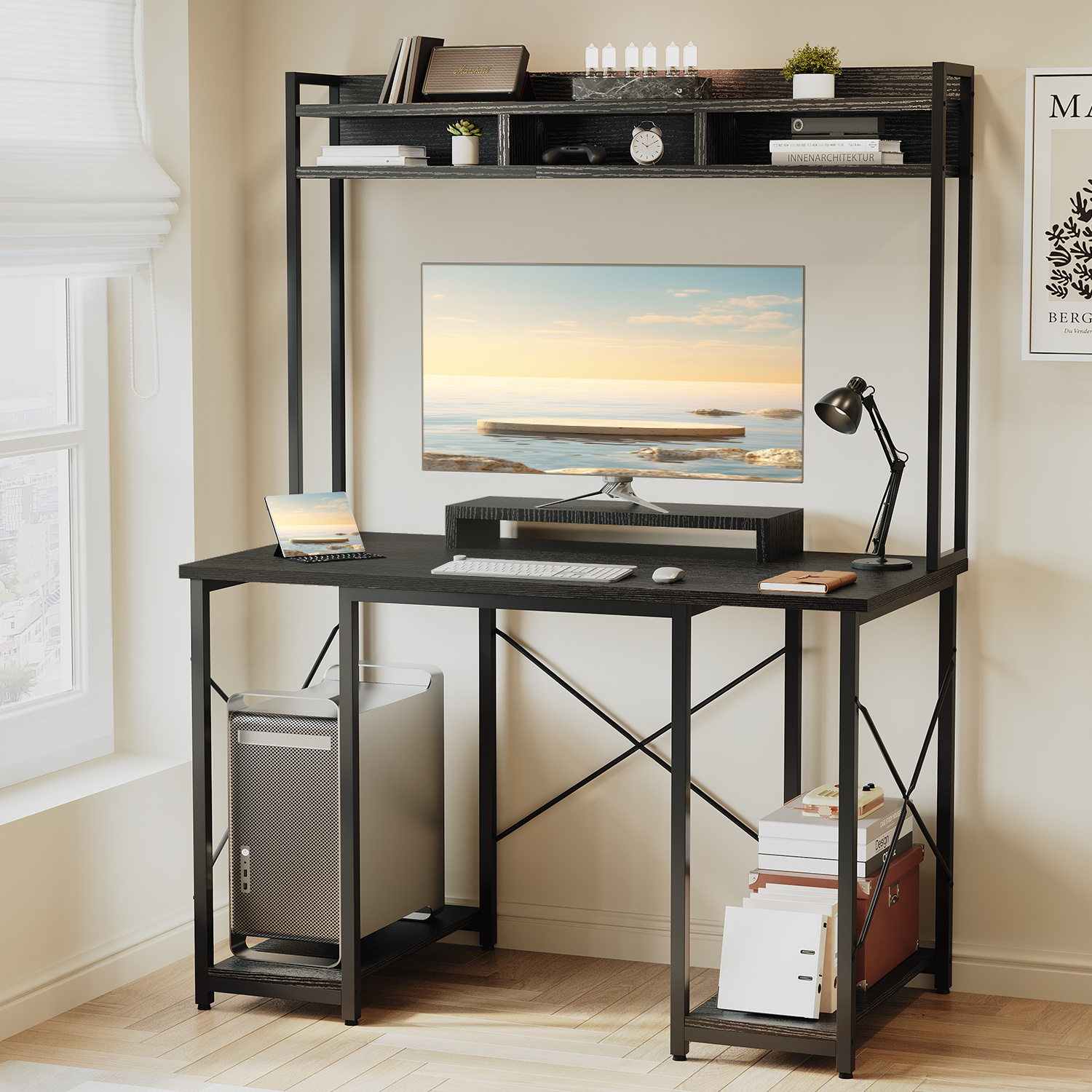 Homall Ergonomic Gaming Table Featuring A Storage Shelf And Frame - 120x60cm Computer Workstation With Monitor Holder
