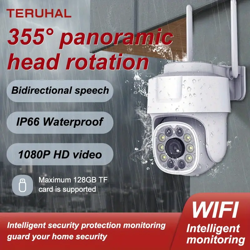 1 шт. TERUHAL 1080P HD WiFi видеокамера безопасности, уличная водонепроницаемость IP66, ночное видение, совместимость со смартфоном, двусторонний звук, панорамное вращение PTZ на 360°, обнаружение движения человека, питание от USB, без батареи, для мониторинга умного дома детали 1