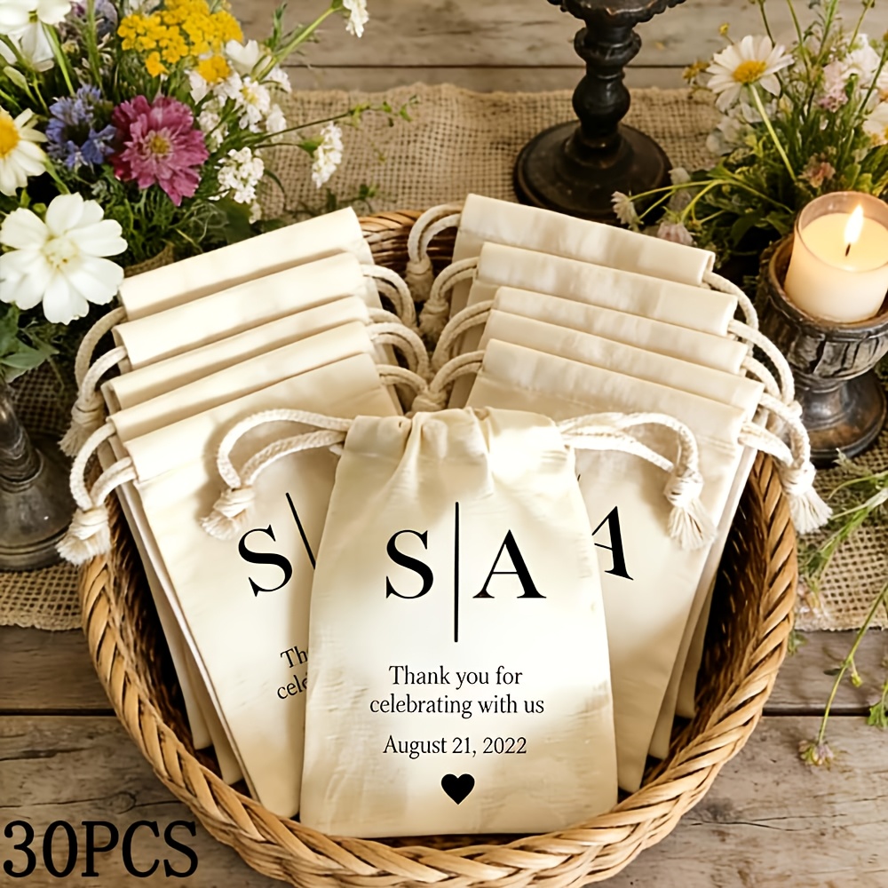 TEMU Personalized Custom Canvas Drawstring Gift Bags, 30pcs Set Of Letter Thank You Bags, Reusable Drawstring Pouch, Suitable For Guest Wedding