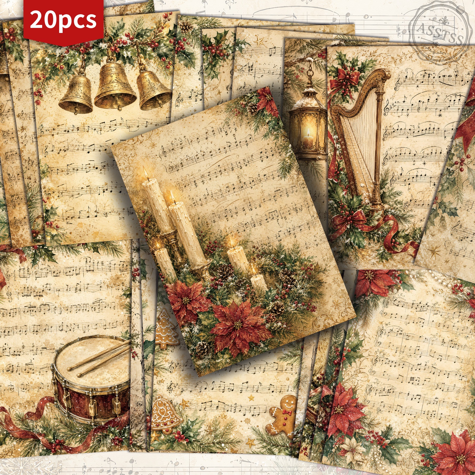 TEMU 20-pack Asstss Vintage Christmas Sheet Music Postcards - 4x6 Inches Retro Junk Journal Supplies, Classic Pinup Illustrations Collectible