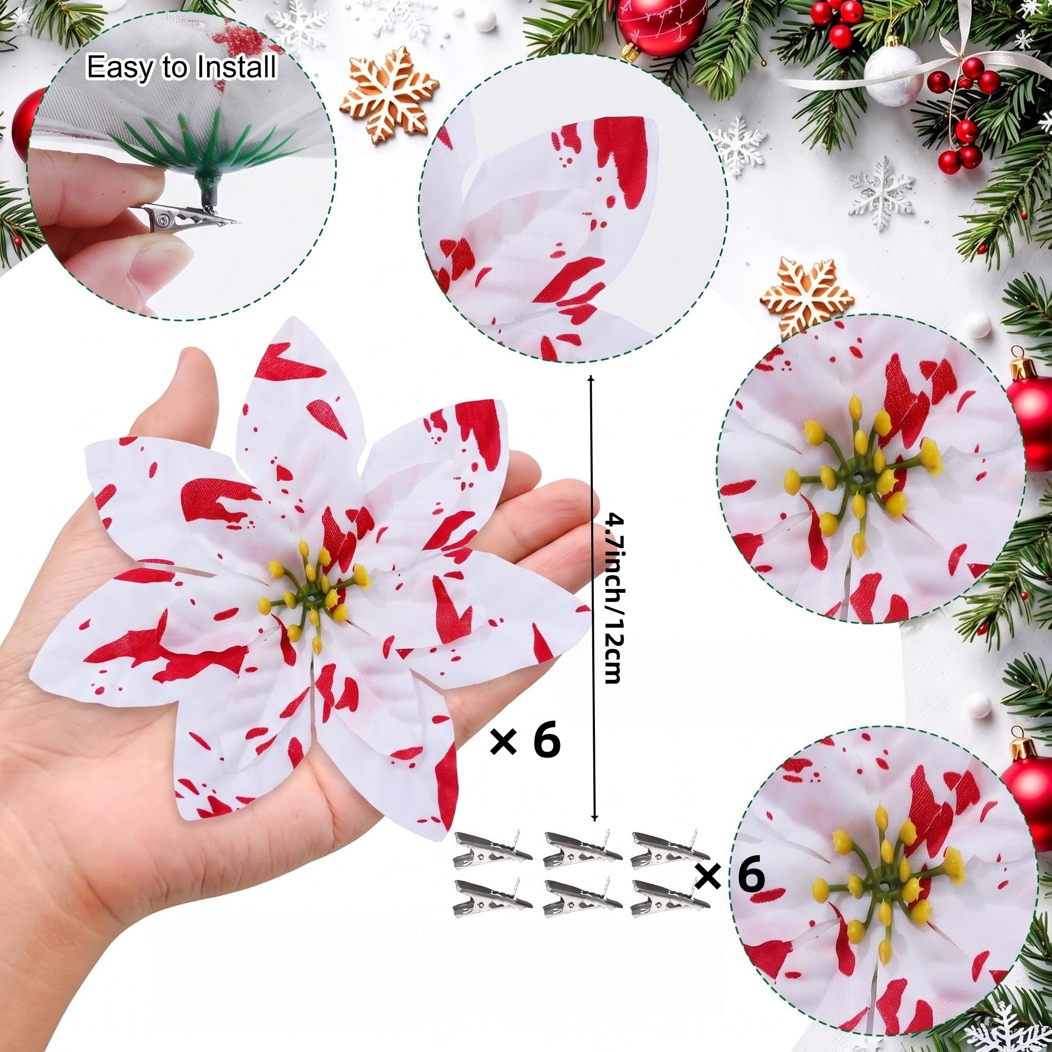 TEMU 12pcs Christmas Red Roses Fake Flowers (6pcs Red Roses And 6pcs Clips), White Spotted Outdoor Christmas Decorations, Suitable For Christmas Tree