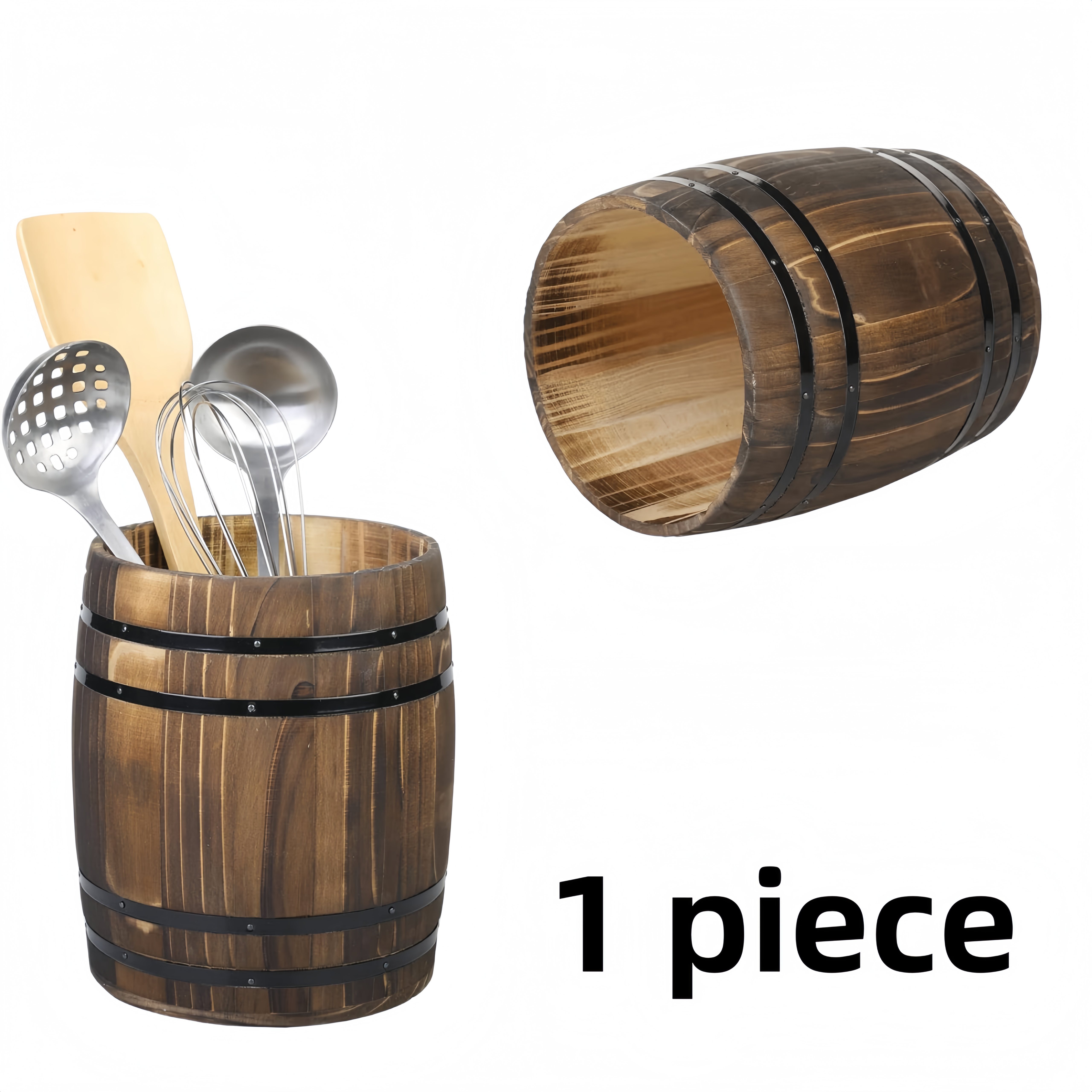 TEMU Vintage Rustic Wood & Wood Kitchen Utensil Rack With Metal-plated Storage Jars, French Farmhouse Style Cooking Tool Storage Organizer With Black