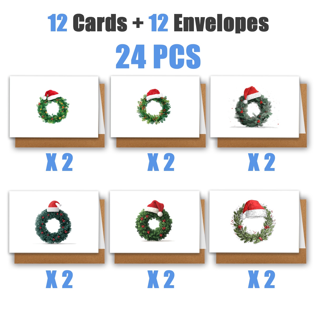 TEMU 1 Set/12pcs/24pcs Christmas Wreath With Christmas Hats And Greeting Cards | Includes Envelopes, Cards | Perfect For Birthdays, Celebrations,