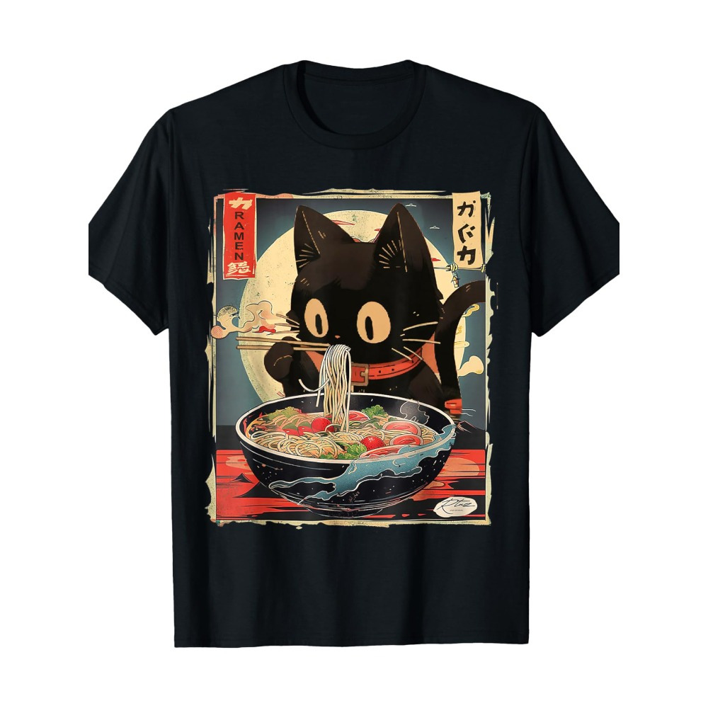 

Kawaii Cat Eating Ramen Print T-shirt, Men's Casual Comfy Crew Neck Tee, Trendy Short Sleeve Top For Summer