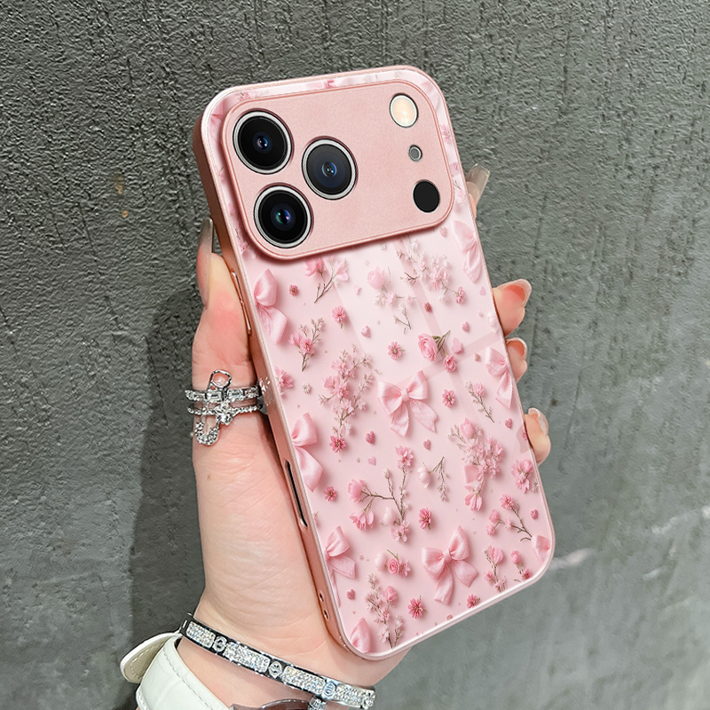 TEMU Phone Case: Bow Floral Pattern Glass Phone Case For Iphone 17/17 Pro Max/17 Air/16 Pro Max/16e/15/14 Plus/13 Pro/12/11 Pro Max â Stylish,