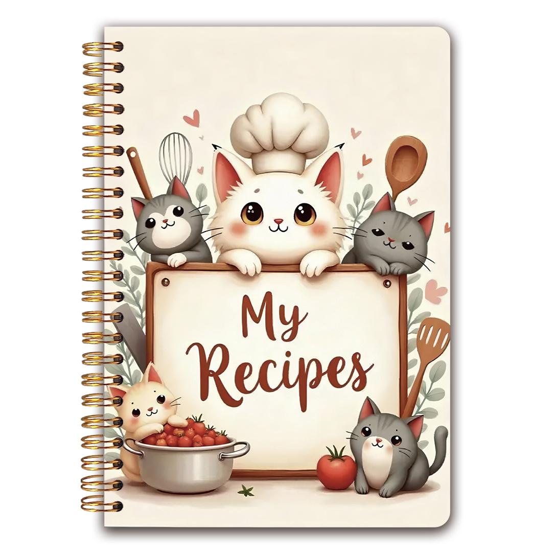 TEMU A Cookbook With A Cartoon Cat On The Cover And A Spiral Binding, Showcasing Drawings Of Various Ingredients, Ideal For And A Great Present For