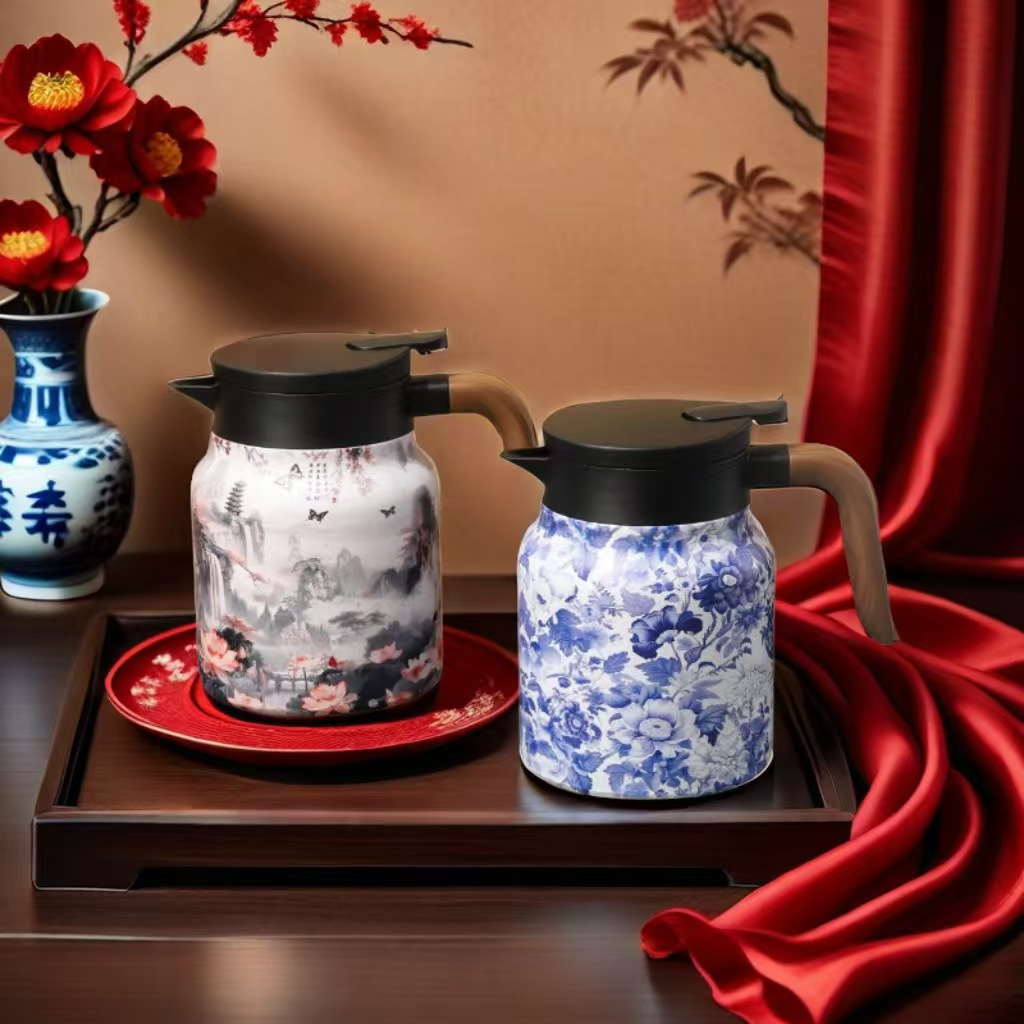 blue and white porcelain pattern stainless steel tea kettle with wood grain handle vintage   coffee pot for home use   steel