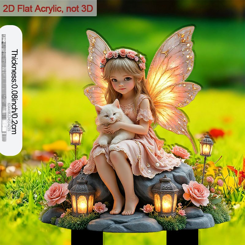 E-shop 2D Flach, [2D Flach] 2D Flach, 1 Stück Feen- Katzen-Gartenstecker, Kunststoffmaterial, geeignet für Outdoor/Blumentopf-Dekoration, niedliche