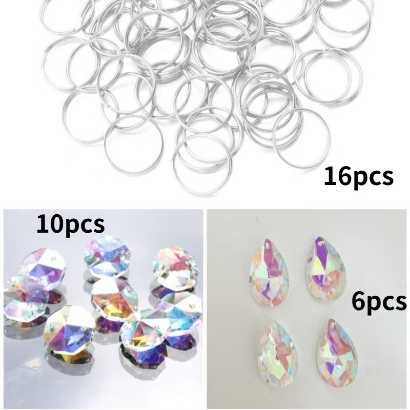 TEMU Ensemble de 32 pièces (6 gouttelettes d'eau colorées AB et 10 perles octogonales AB et 16 anneaux de connexion) Pendentif en verre de colorée AB