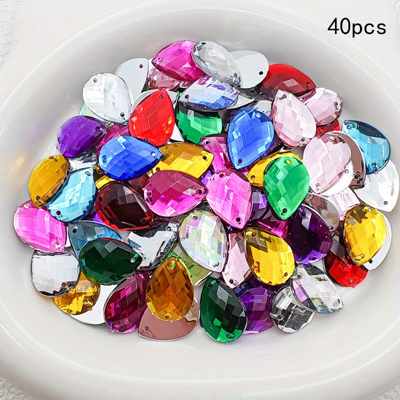 TEMU 2d Flat, 40pcs Mixed Color, Flat Bottomed Beads, Acrylic Teardrop Shaped, Double Hole Sewn Rhinestones, Suitable For And Handmade Production,