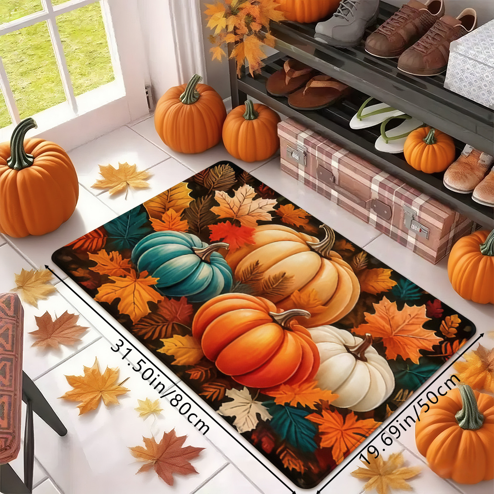 TEMU 1pc Pumpkin And Leaf Pattern Doormat - A Vibrant Fall Decoration Featuring Orange, Yellow, And Pumpkins, Made Of Machine-washable Polyester