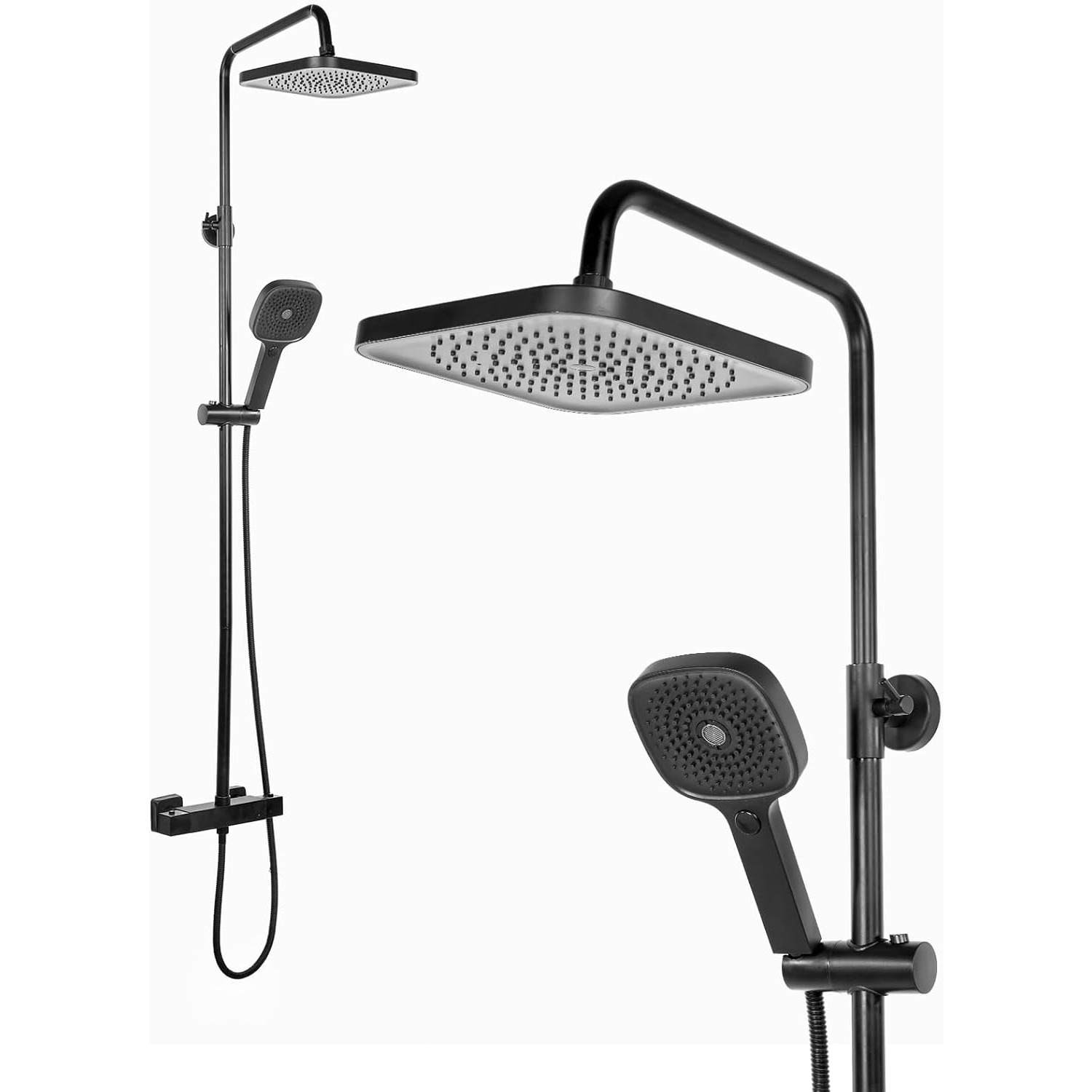 Shower System With Thermostat, Complete Shower Fitting Set Black With Rain Shower Hand Shower, Height Adjustable 1090-1365 Mm, 225x225 Mm Showerhead 360 Degree Rotatable