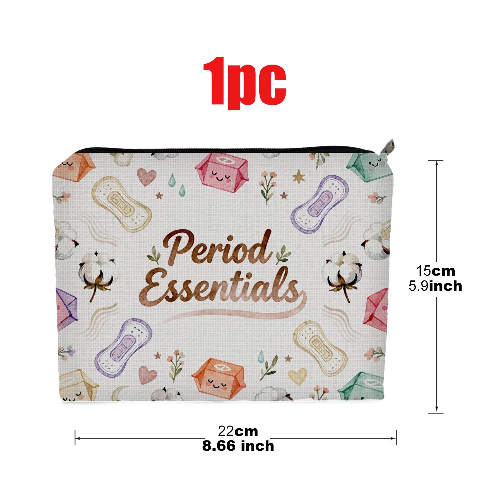 TEMU Polyester Double-sided Portable Makeup Bag 5.9in*8.66in, Watercolor Period Essentials Print Design, Compact Travel Toiletry Pouch For Feminine