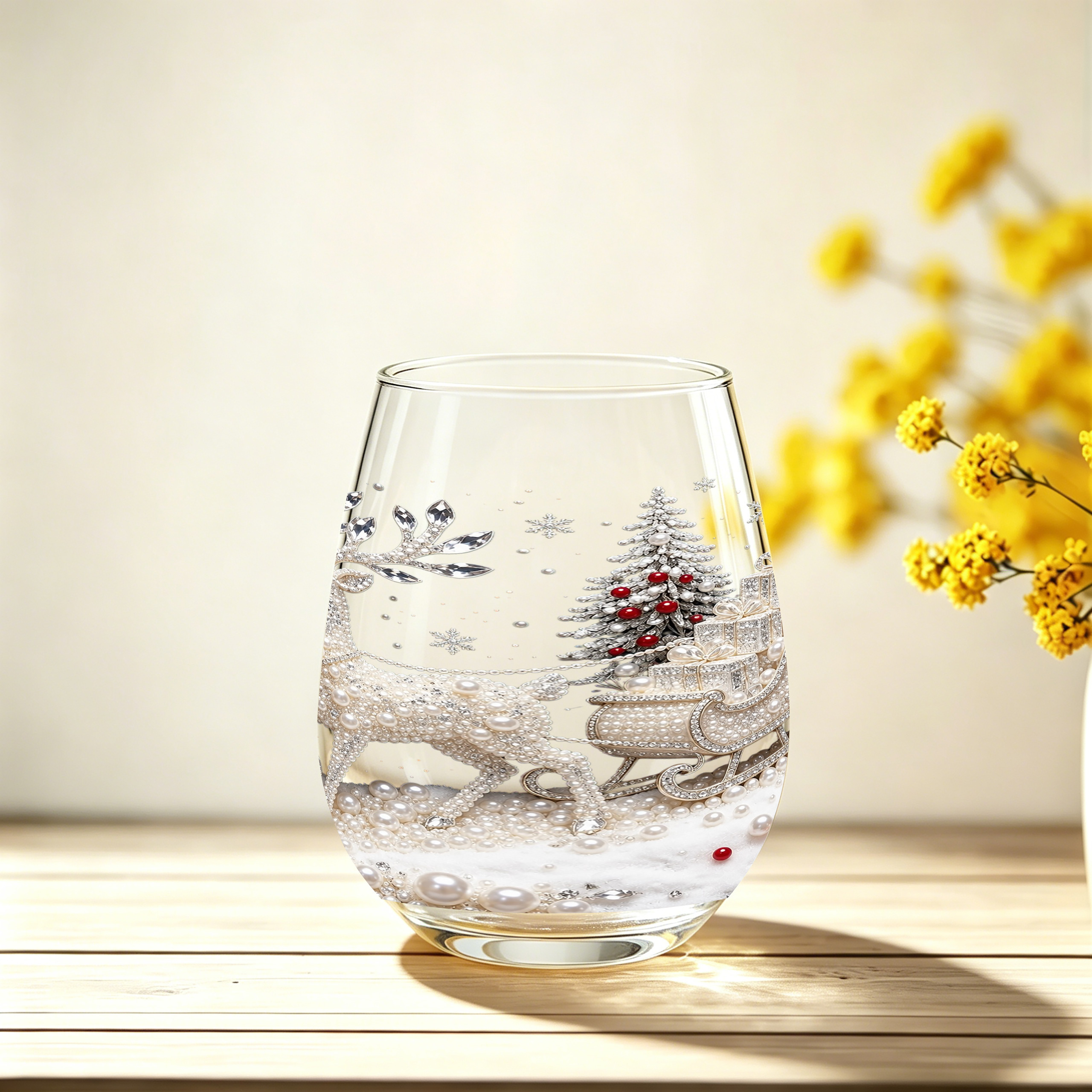 TEMU 1-pack / Pearl-textured Reindeer Christmas Illustration, 350ml / Transparent Drinking Glass, Stemless Wine Glass, Egg-shaped Glass, And Whiskey