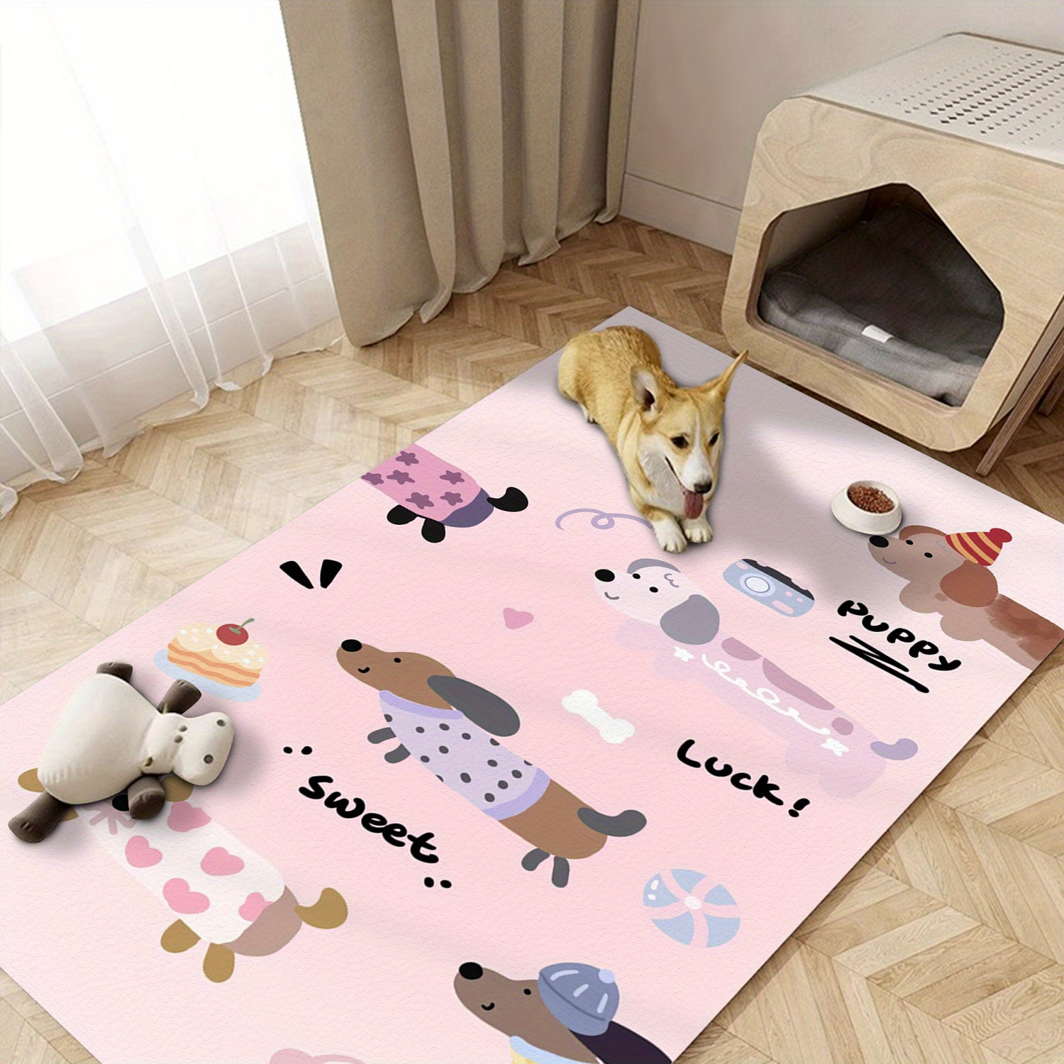pink dachshund puppy design plush pet mat chew resistant non slip large dog bed washable polyester kennel pad with   cartoon hearts   multi size indoor outdoor pet mat for   dog mat indoor outdoor mat cute animal prints chewresistant material Product details 3