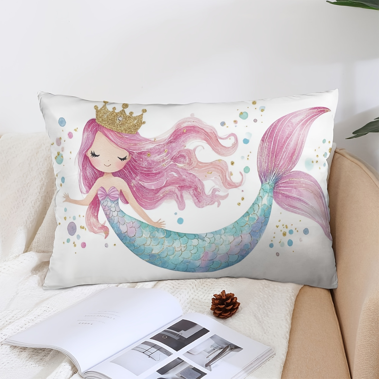 TEMU 1pc Pillowcase, Mermaid Print Polyester Short Plush Fabric, Single-sided Printed Pattern, For Home And Office Decor Lumbar Pillow Cover, 12x20