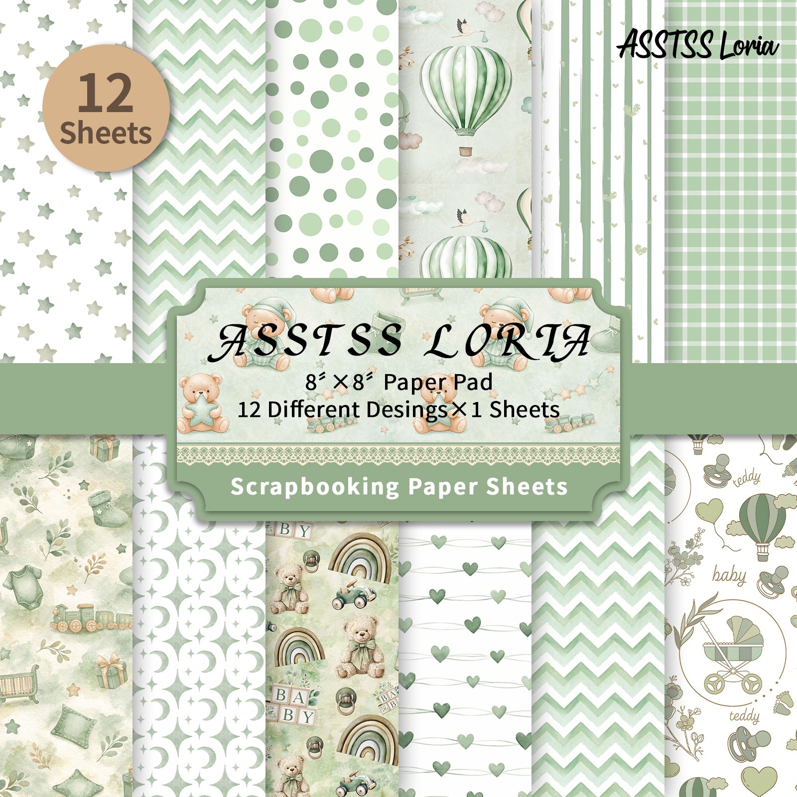 TEMU Bloc de papier de scrapbooking ASSTSS Loria 12 feuilles vert sauge avec bébé - Papier cartonné épais adapté au journaling, à du collage, aux