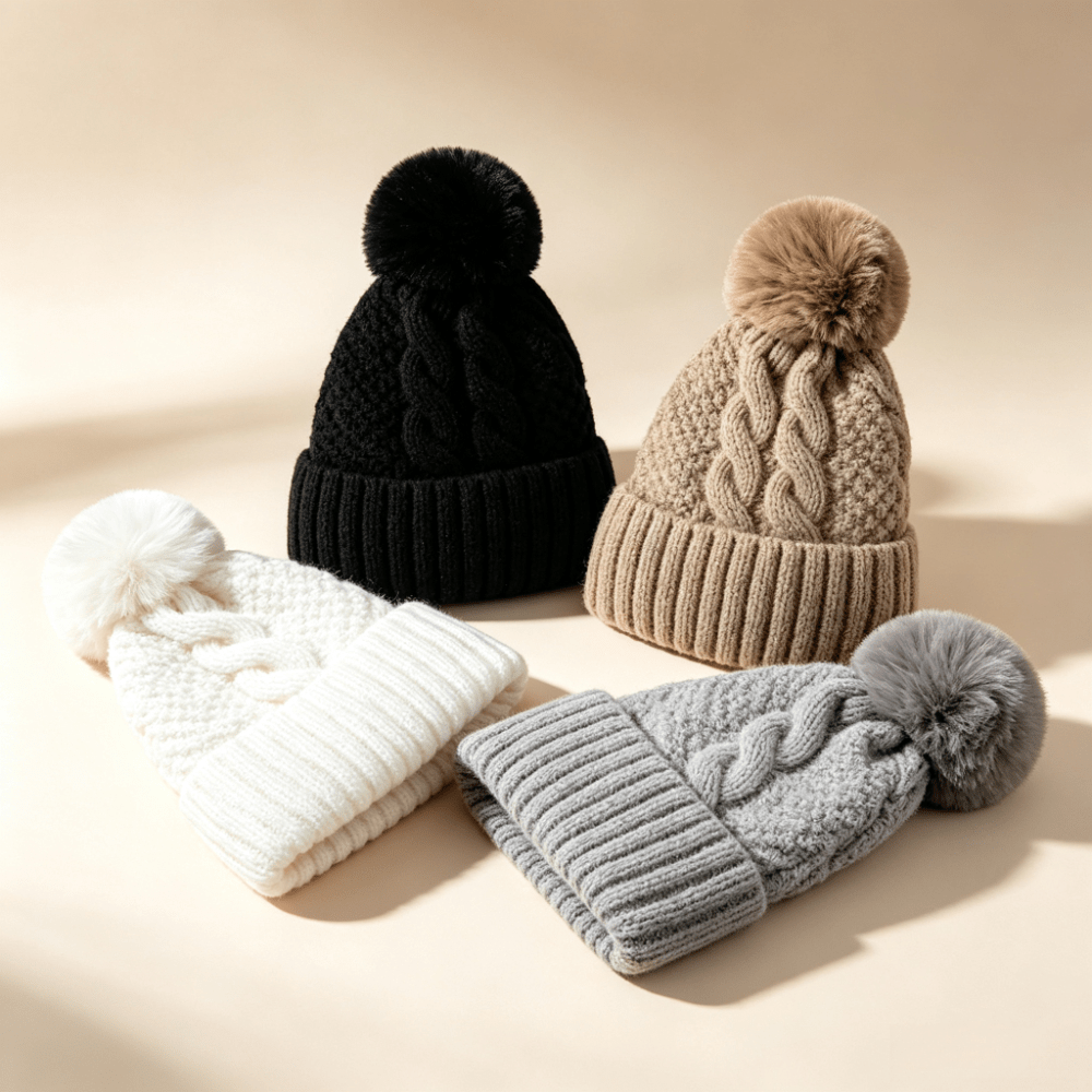 TEMU 4pcs Women's Cable Pom Pom Beanie Set, Soft Warm Winter Hat, Elegant Casual Outdoor Headwear Christmas Hat