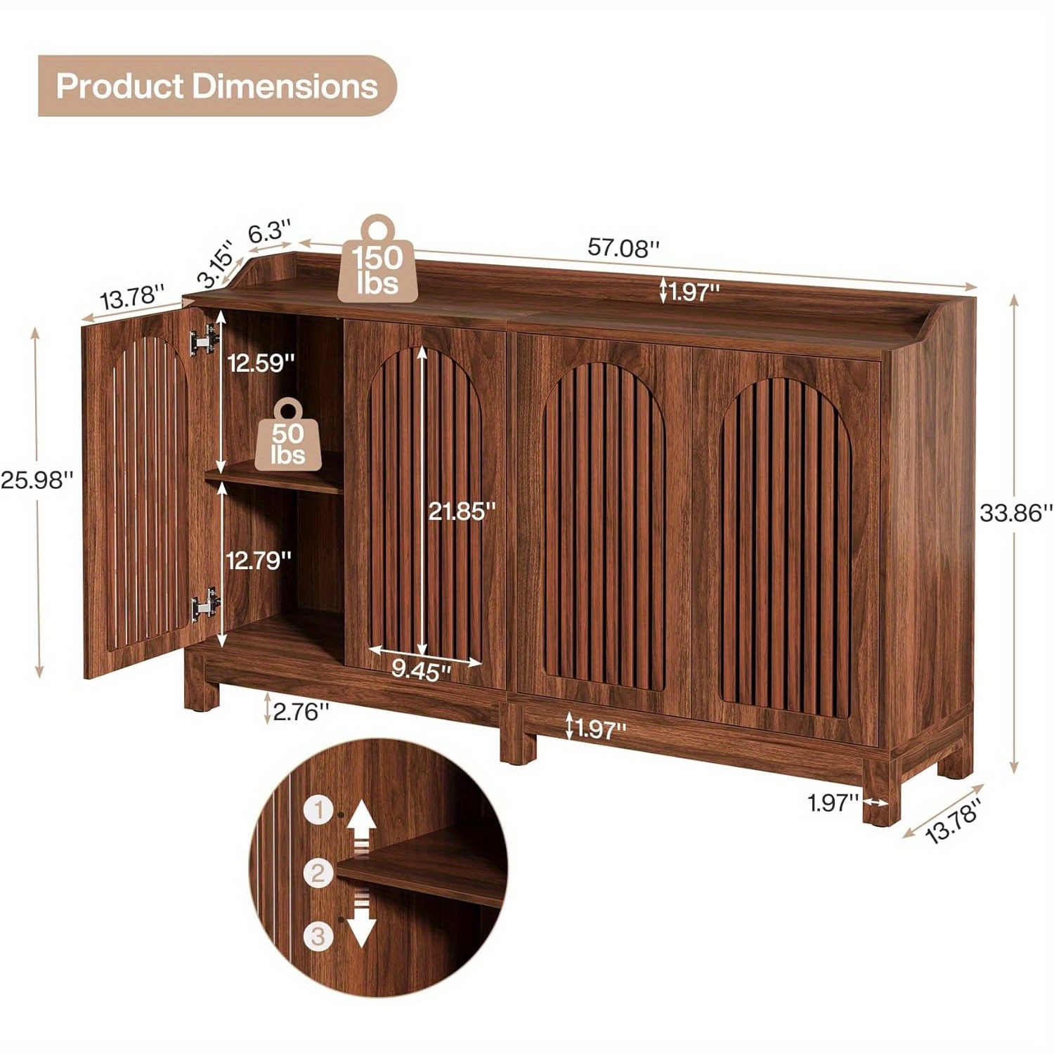 57" Modern Buffet Cabinet - Walnut Brown & Lockable Doors