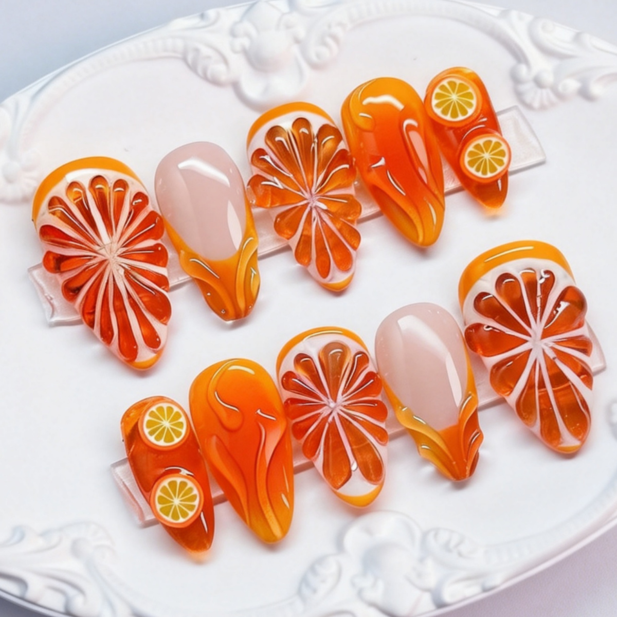 TEMU 10pcs 3d Embossed Orange Vacation False Nails, Medium-length Almond Press-on Nails, Removable False Nails, Press-on Nails For Women's Manicure