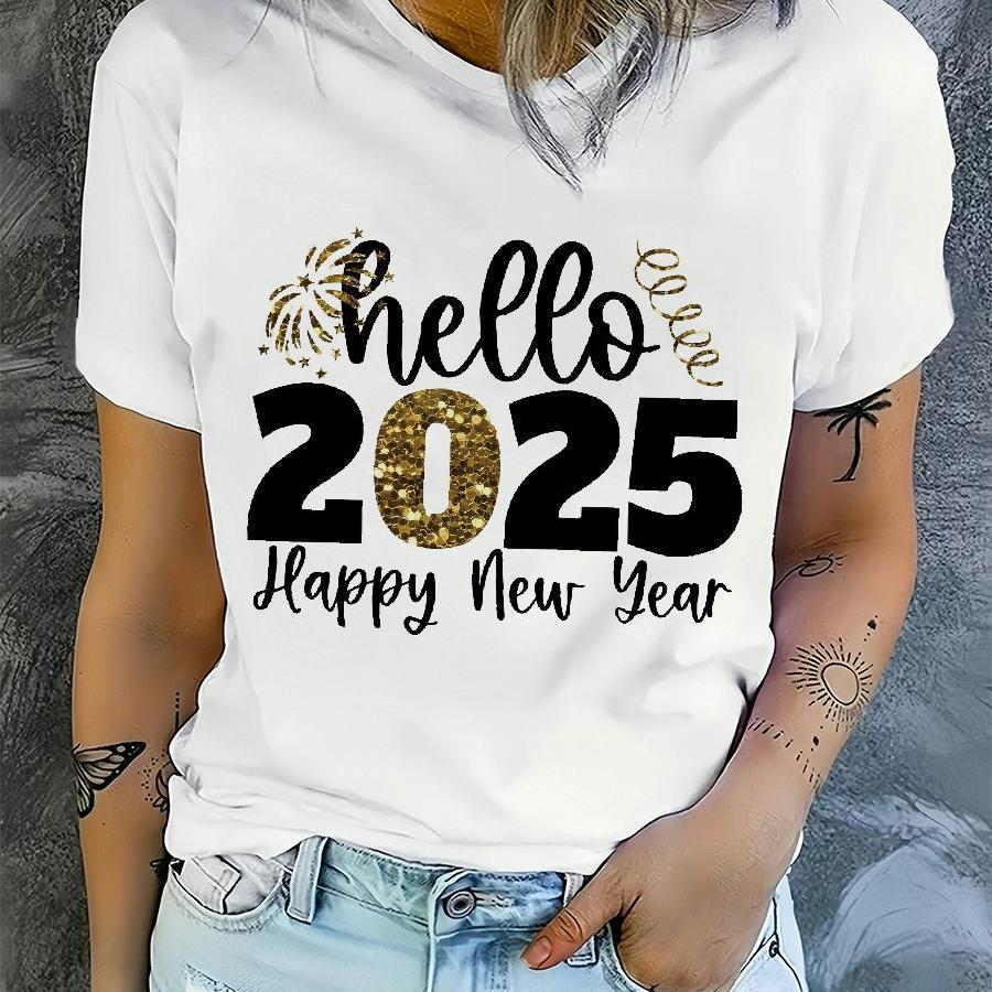 

Women's Floral Hello 2025 Happy New Year T-shirt, Casual Crew Neck Polyester Knit Top, Plus Size Short Sleeve Tee For Spring/summer/fall - 95% Polyester 5% Elastane, 180gsm