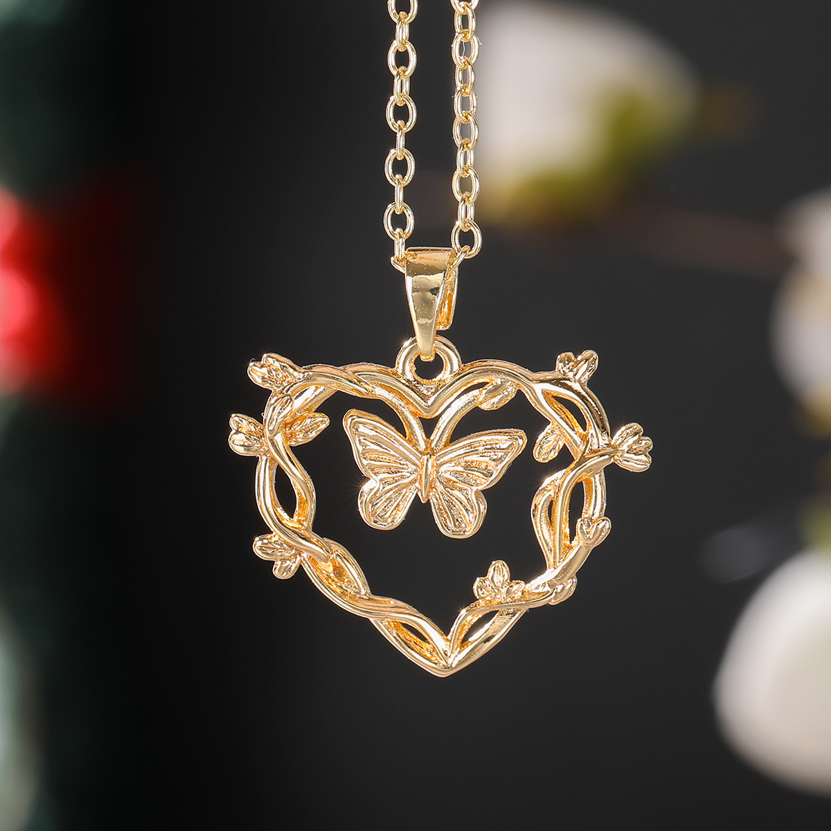 TEMU Creative Copper Heart Hoop Pendant Necklace With Vine-wrapped Charm, Elegant Jewelry Accessory For Wear, Holiday Party Matching, And
