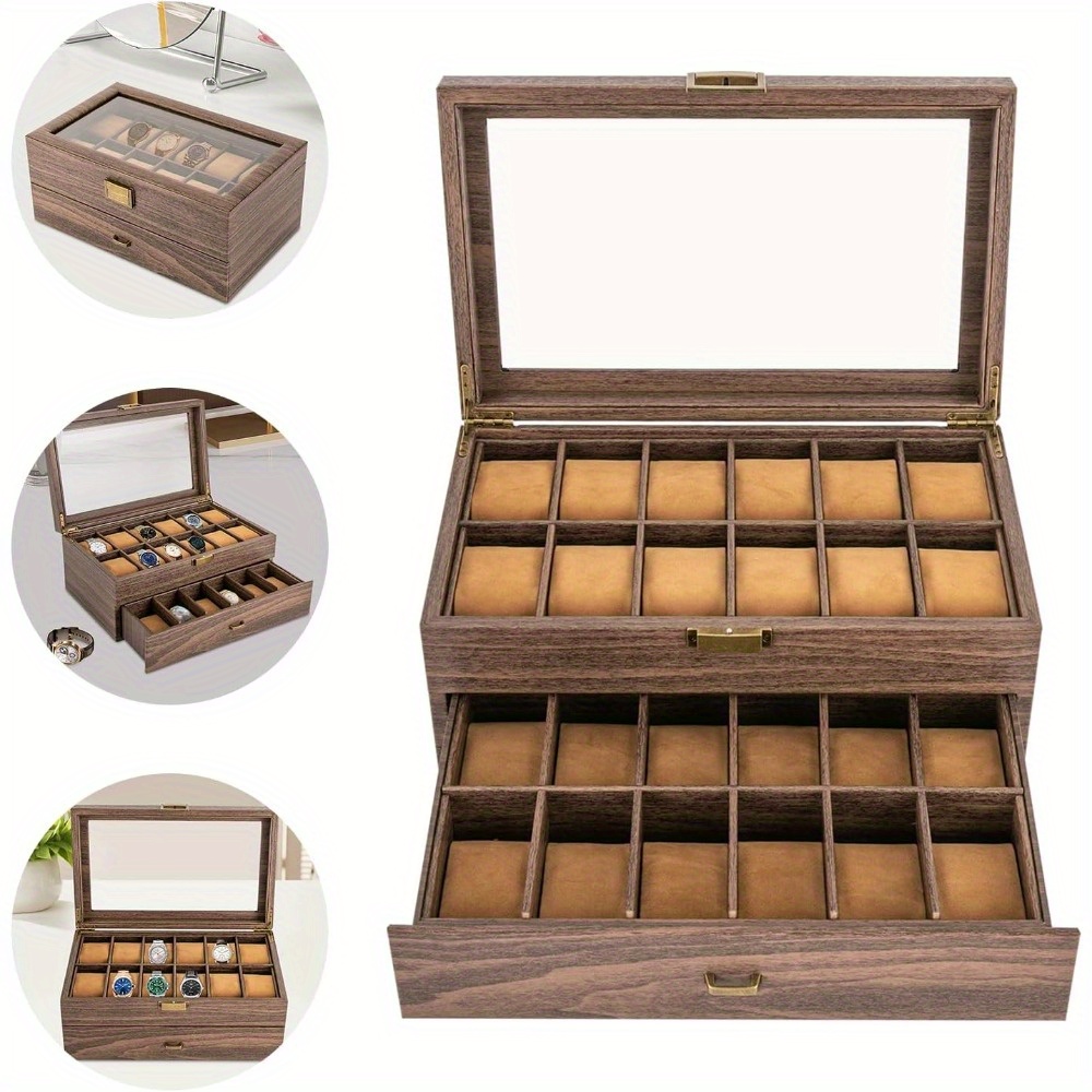 extra large   watch case 24 slot organizer box with large glass lid synthetic synthetic   leather rectangular design for men and women secure clasp closure   leather jewelry box