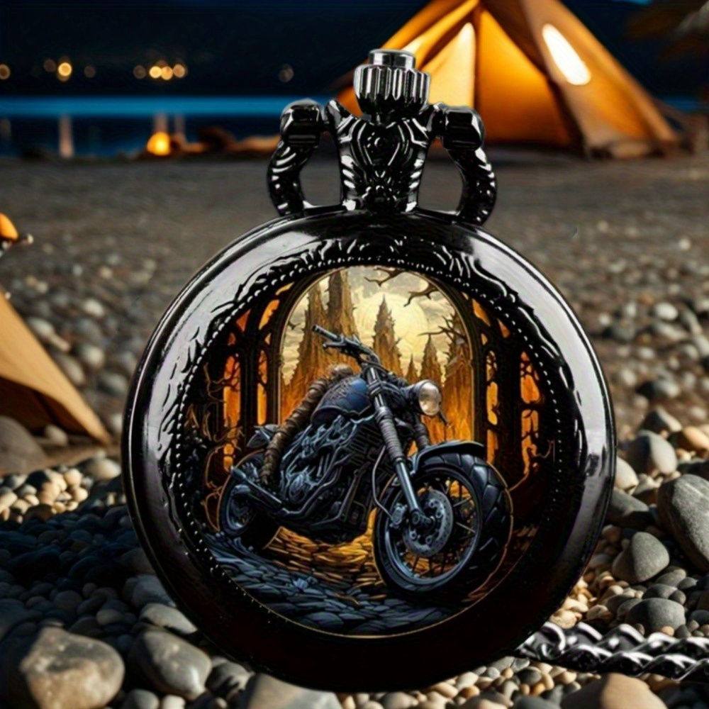 TEMU Fashion Cool Creative Motorcycle Pattern Round Quartz Pocket Watch, Suitable For Parties, Vacations And Dates, A Unique Gift For Halloween, New