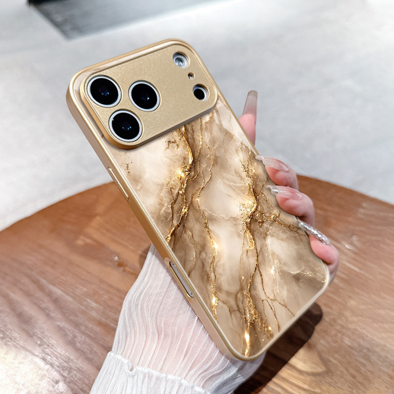 TEMU Phone Case: Golden Textured Marble , Aesthetic, Trendy, High-end Patterned Glass Phone Case. Suitable For Iphone 17/17 Pro Max/17 Air/16 Pro