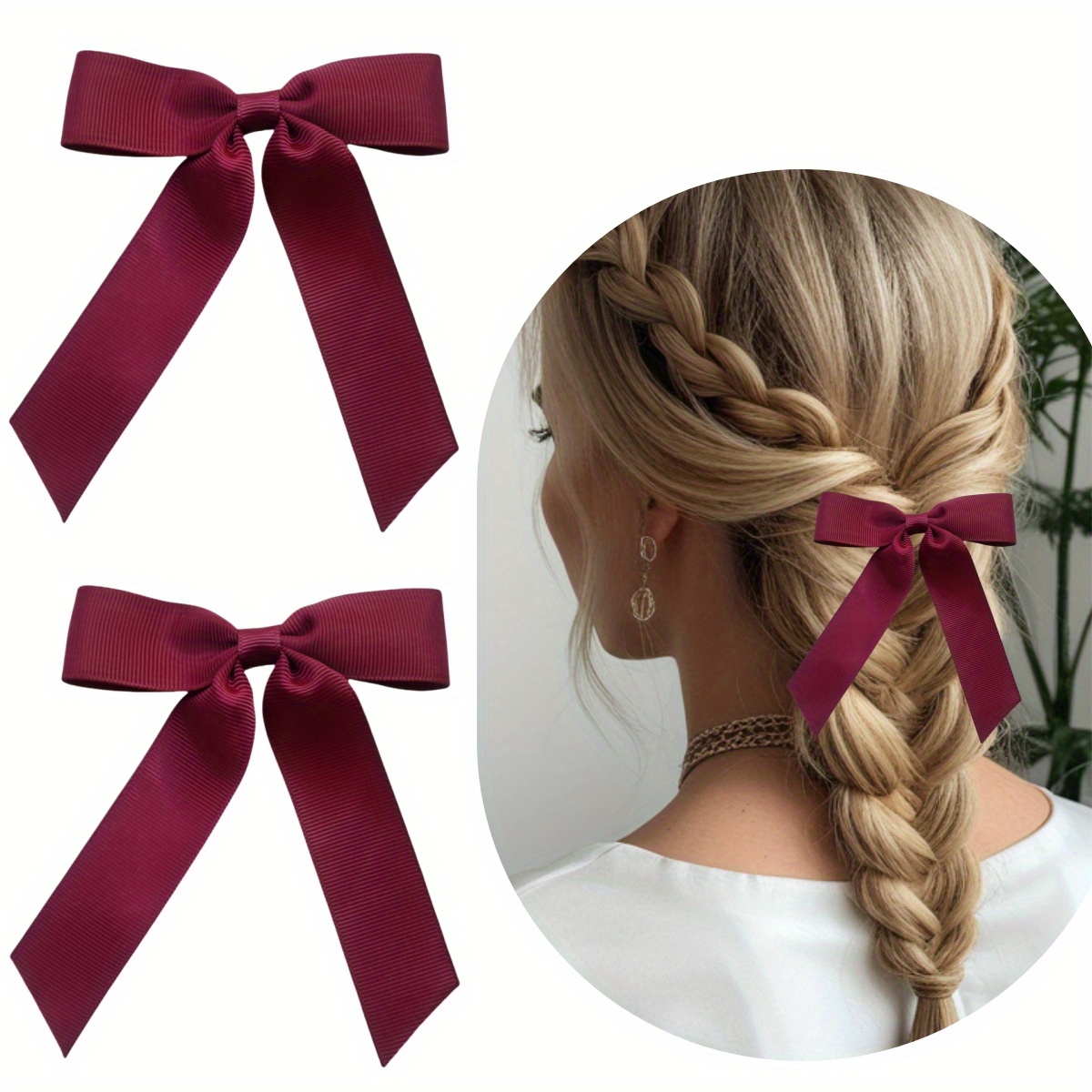 2pcs Solid Color Bow Short Tassel Hair Clip Set