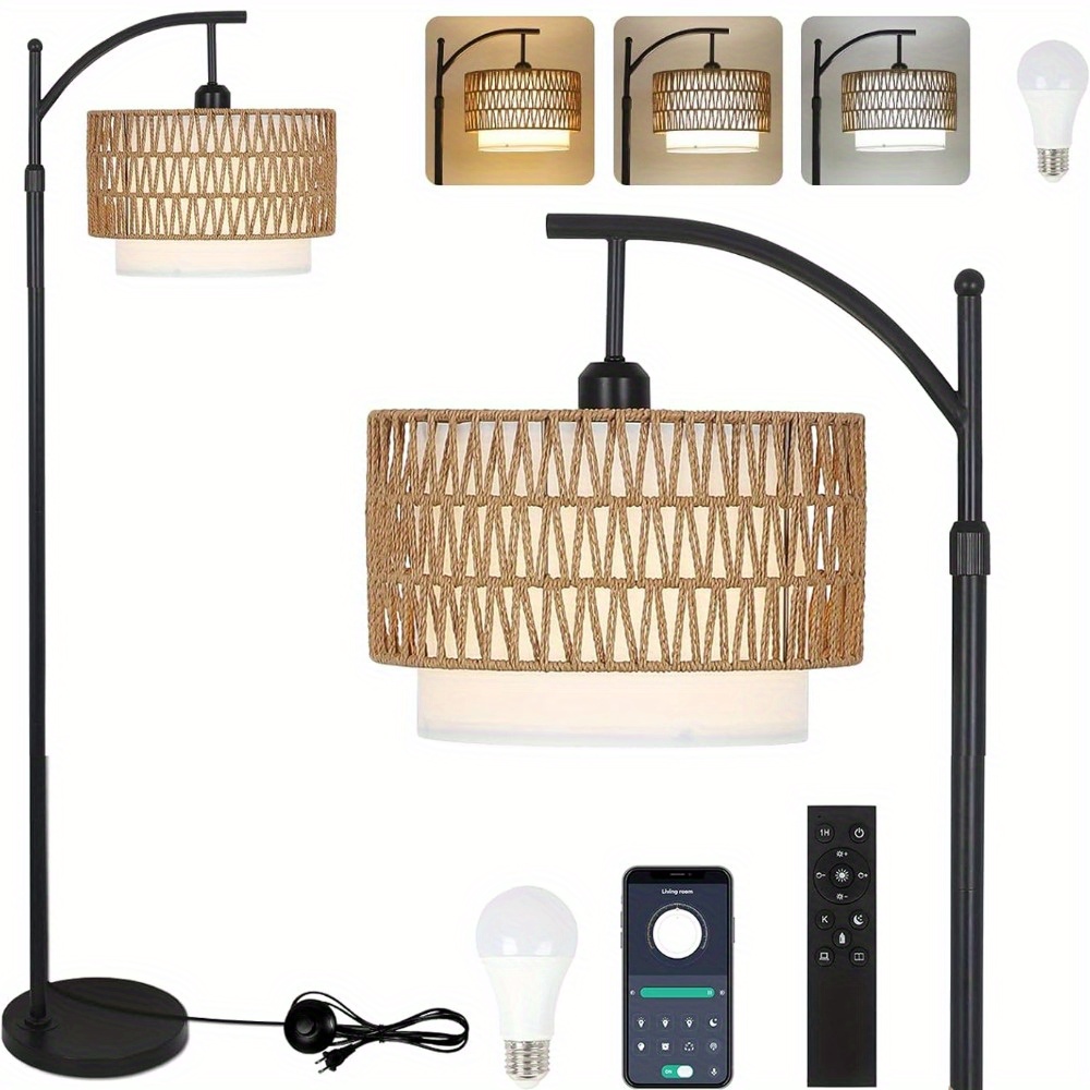 TEMU Arc Floor Lamp With Remote Control & App Control, Dimmable Led Floor Lamp With 3 Color Temperature, Smart Standing Lamp With Rattan & Fabric