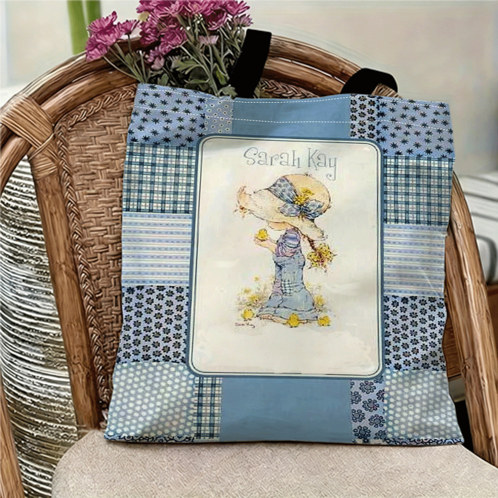 TEMU 1pc Double-sided Printing Blue 's Bouquet Reusable Shopping Bag - A Foldable, Lightweight, And Portable Rectangular Tote Bag For Groceries And