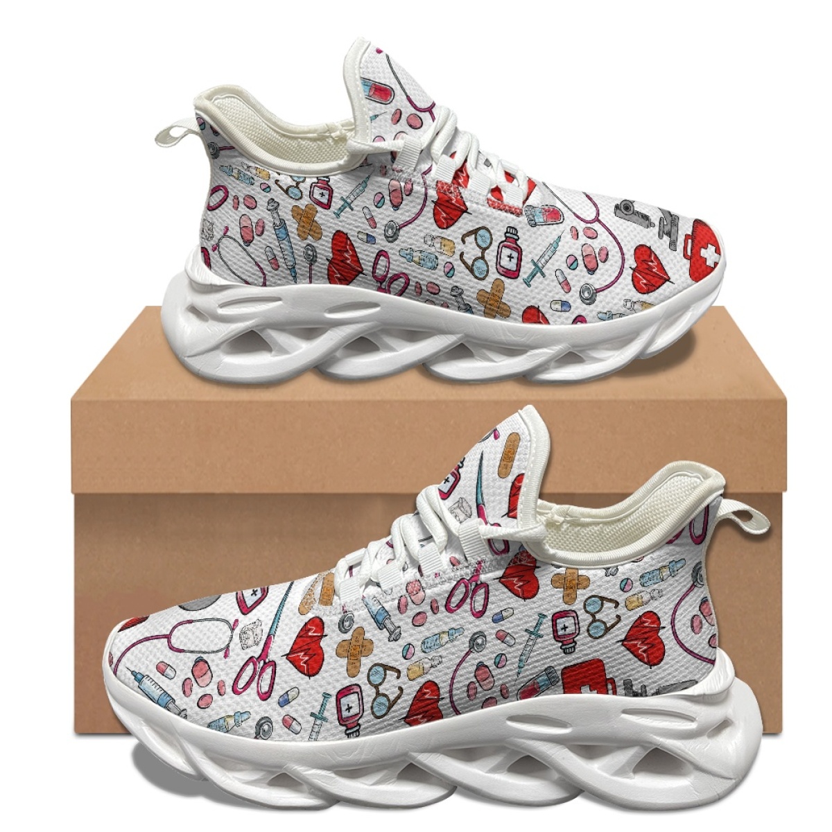TEMU Medical Stethoscope Art Print Breathable Lace-up Sneakers Ultra Lightweight Non Slip Mesh Walking Shoes Comfortable Footwear For Hospital Work