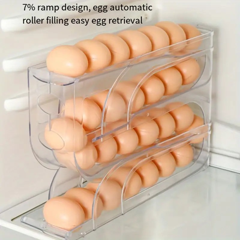 3 tier automatic rolling sliding refrigerator organizer heavy duty transparent plastic space saving dividers non slip design manual operation no batteries needed suitable for refrigerator pantry over the door storage compatible with eggs