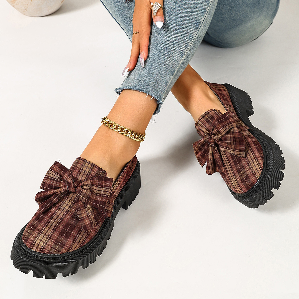 TEMU Women's & Retro British Bowknot Penny Loafers - Chunky Sole Slip-on Flats With Bow, Round Toe Comfortable Casual Shoes Suitable For - Wear, Sole