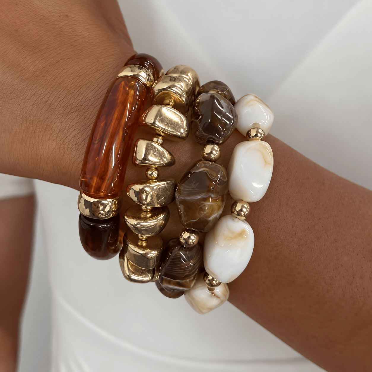 TEMU (random 4pcs Resin Pattern) Boho Chunky Resin & Ccb Beaded Bracelet Set, Brown White Stone Look Stretch Bracelets, Vintage Statement Jewelry For